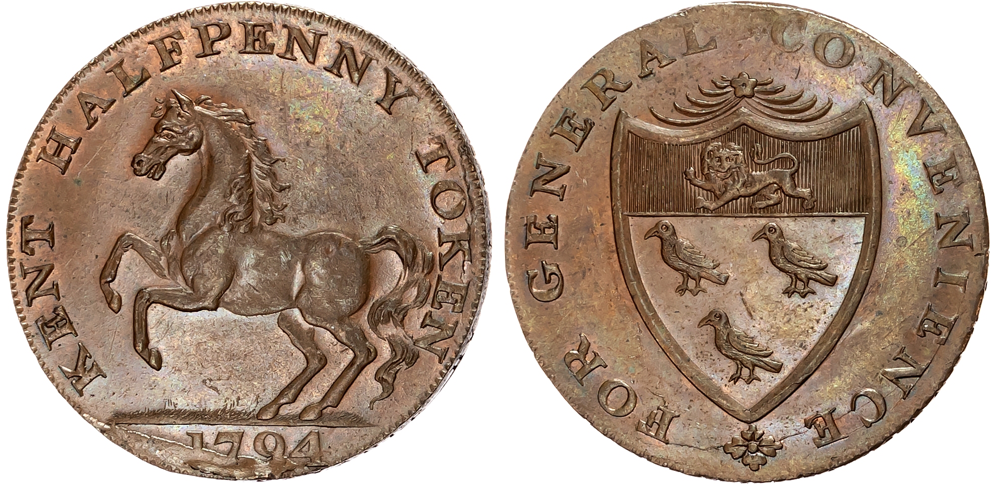 Kent , Goudhurst , William Fuggle (tallow-chandler) Halfpenny 1794, Prancing horse of Kent, rev. Arms of Canterbury, edg …