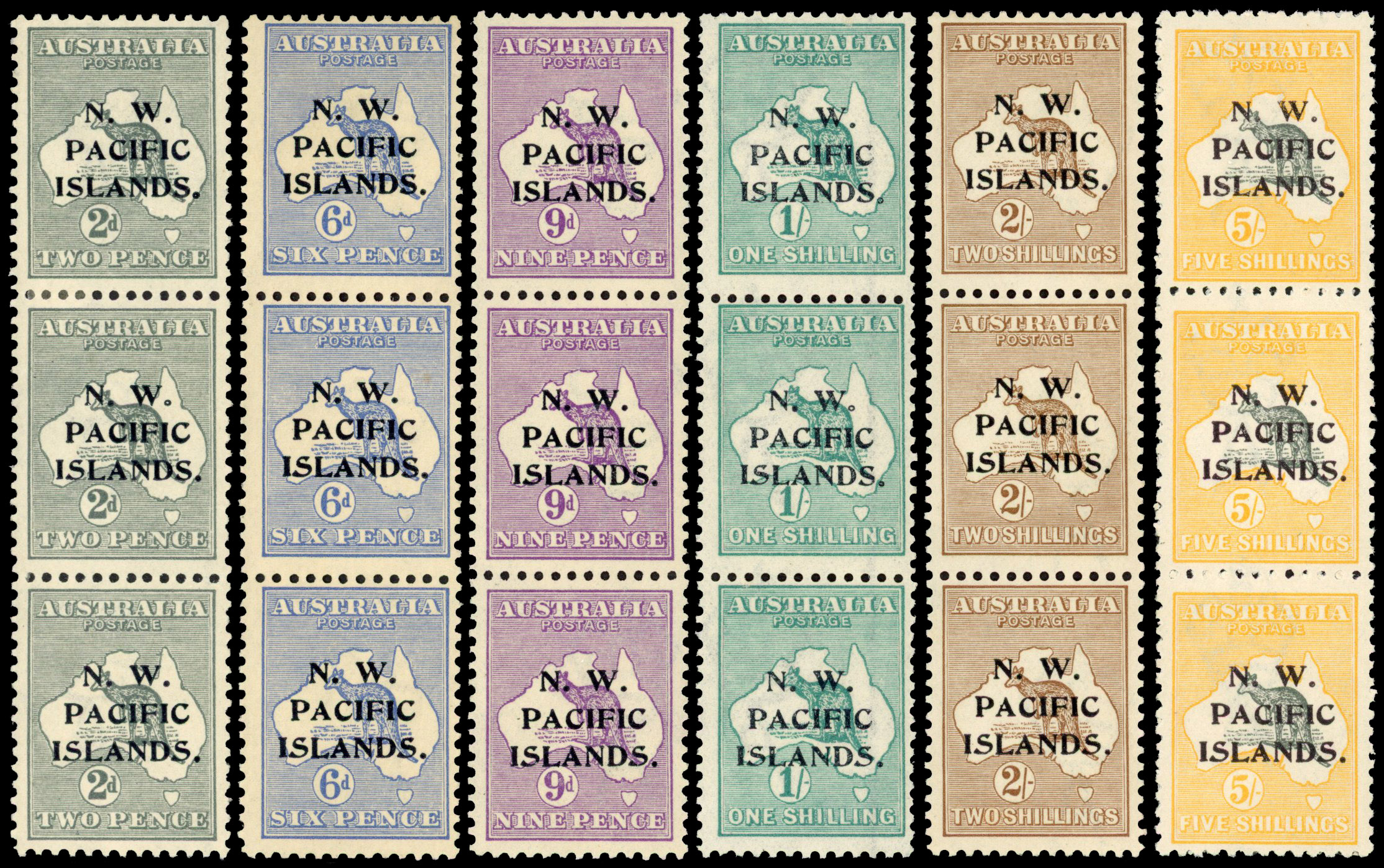 New Guinea 1915-16 2d to 5s watermark 5 strips of 3