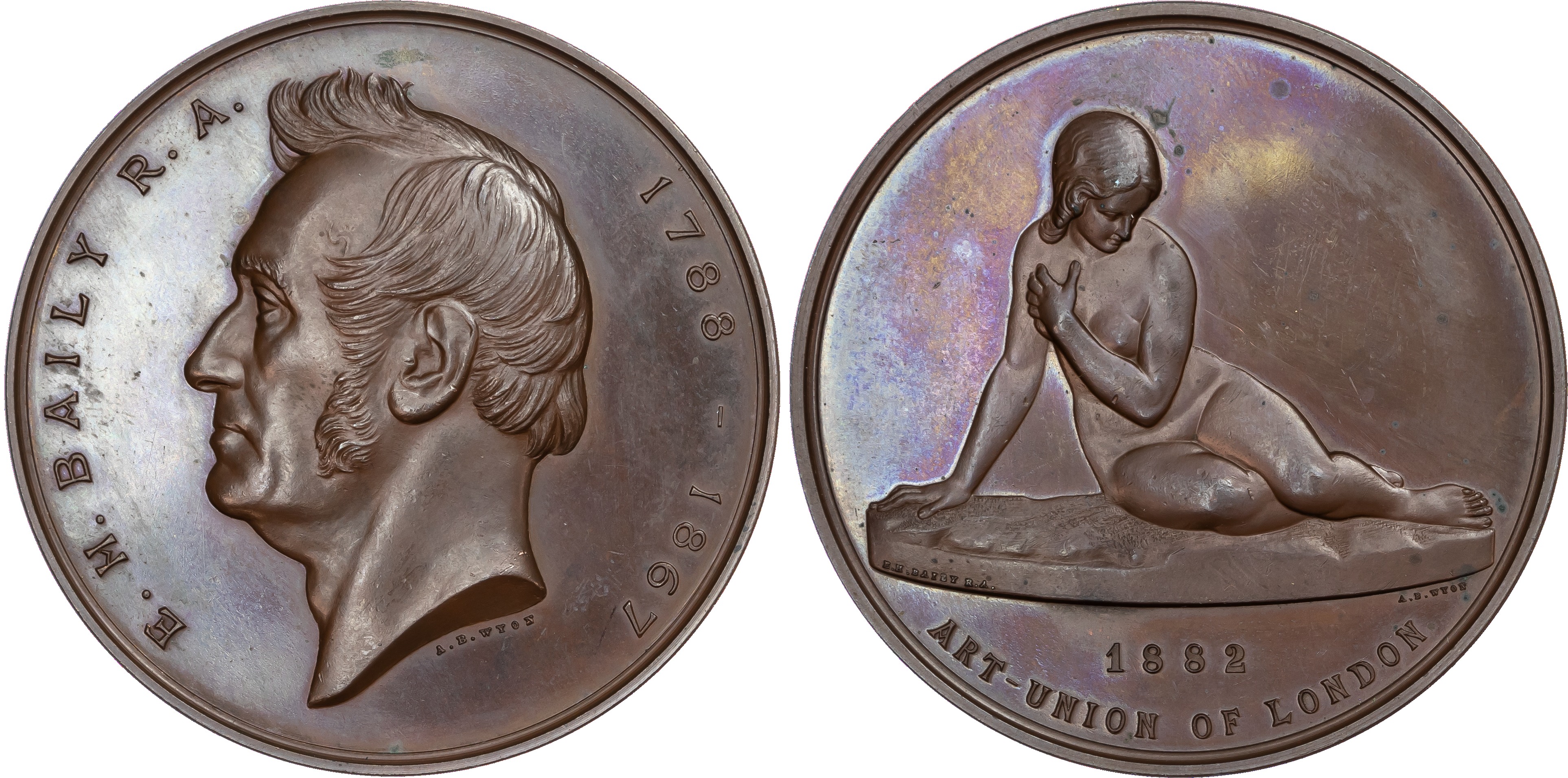 Edward M. Baily (1788‑1867), sculptor, copper medal (55mm/80.78gm) 1882 by A. B. Wyon for the Art Union of London Series.
