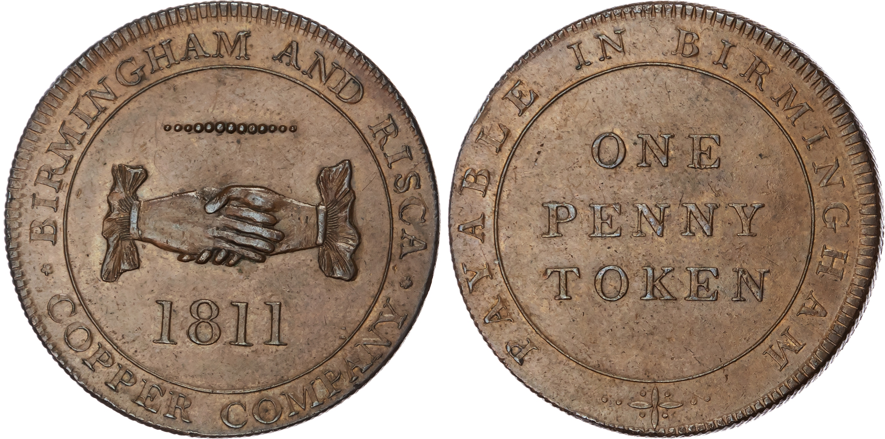 BIRMINGHAM & RISCA, Warks. & Mons. Union Copper Co (Morgan family) Penny 1811, Two clasped hands, rev. Denom. …