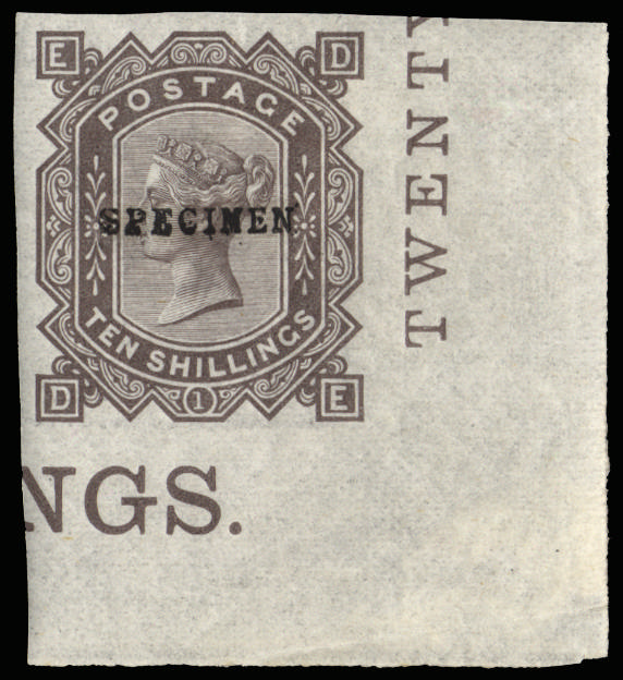 Great Britain 1878 10s Colour trial Pl.1. Very fine imperforate corner marginal example lettered DE printed on gum…