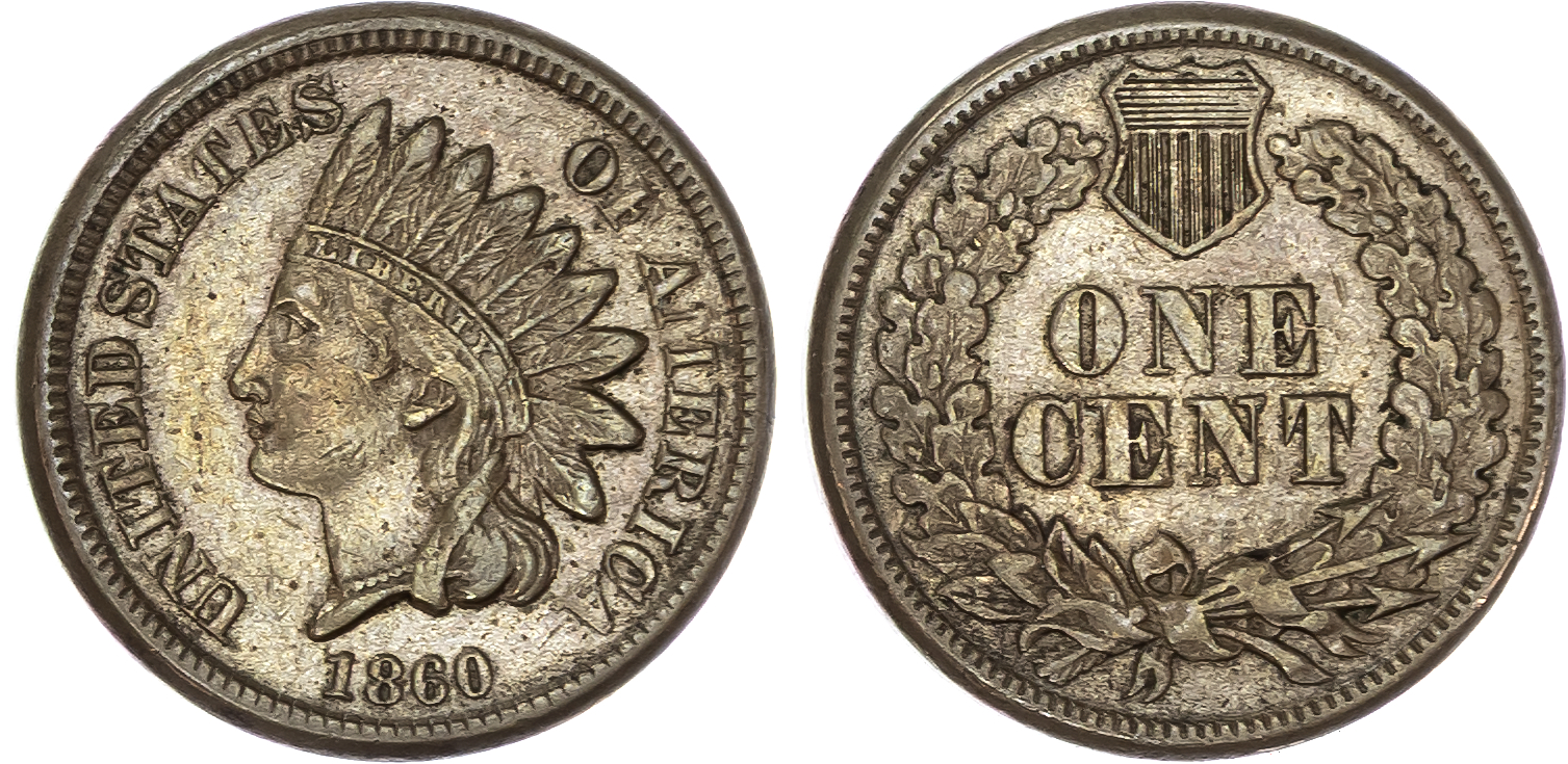 USA , Indian Head copper-nickel Cent, 1860, Philadelphia, oak wreath reverse, with shield, 4.56g (KM 90). Abou…