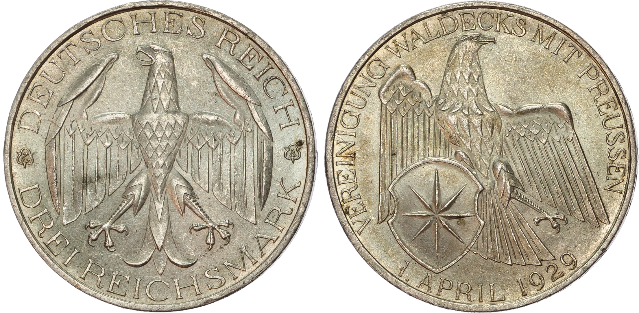 Germany, Weimar Republic (1913-1933), Unification of Waldeck with Prussia, silver 3 Reichsmark.