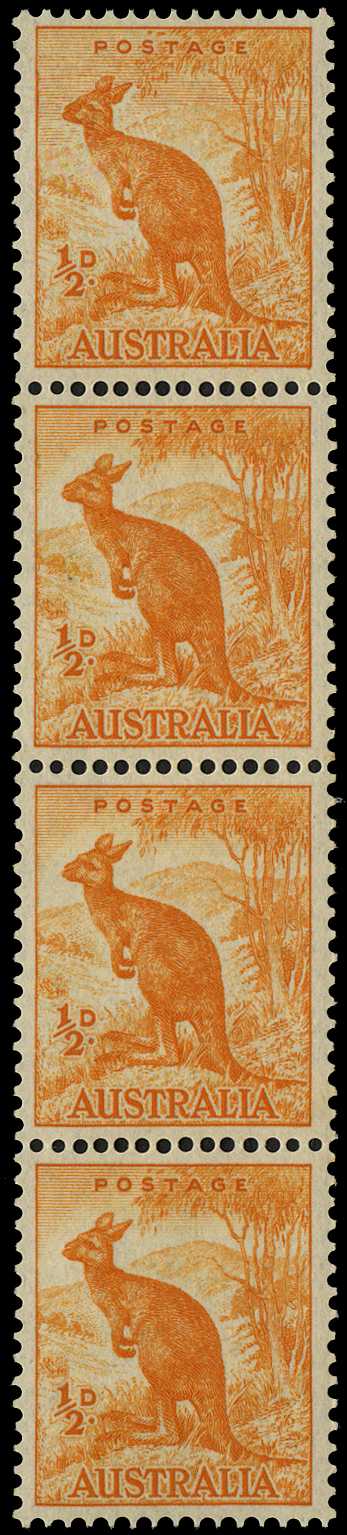 1948-56 ½d orange coil strip of four with...