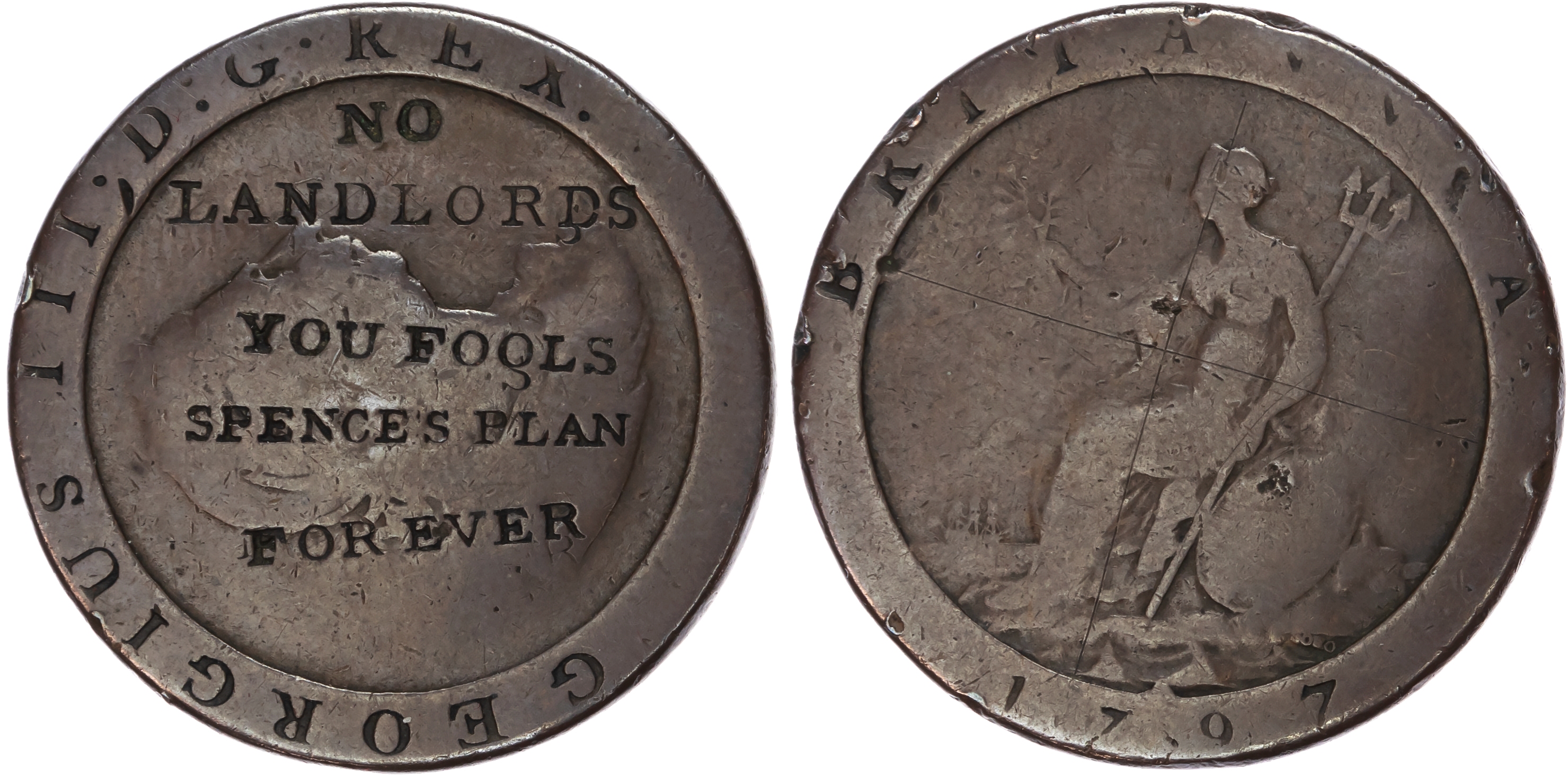 London, Holborn , Thomas Spence, Regal ‘Cartwheel’ Penny 1797 with obv. stamped on the face of George III - ‘N…