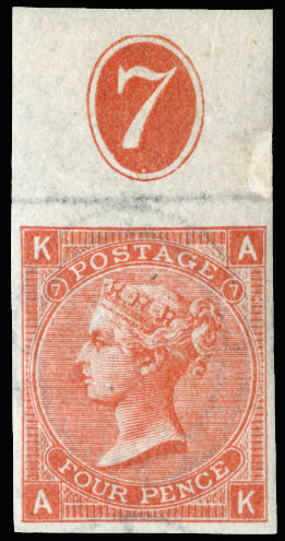 Great Britain 1865 4d Vermilion Pl.7. Very fine unused o.g. top marginal imperforate imprimatur lettered AK showin…