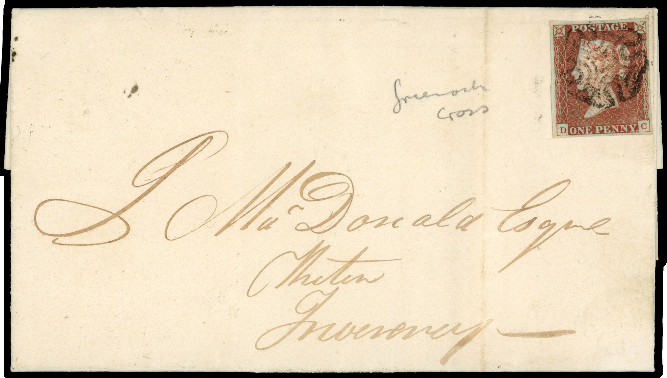 Great Britain 1d red-brown on entire letter, Greenock distinctive MC SG 8 