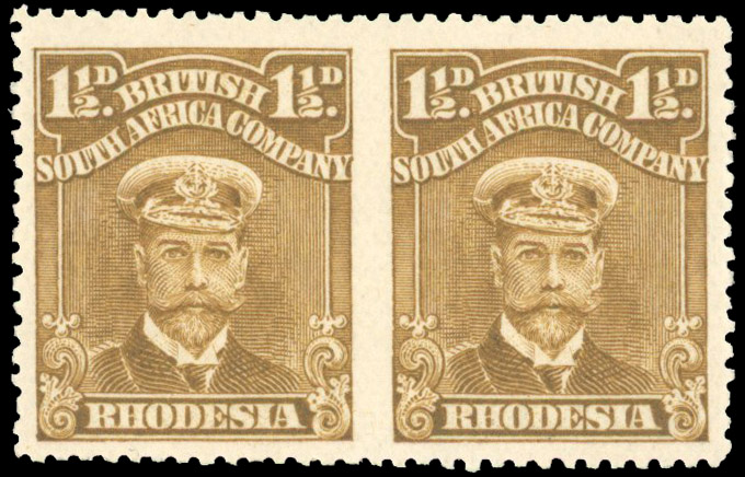 Rhodesia 1913-19 1½d ochre perf 14 horizontal pair Imperf Between