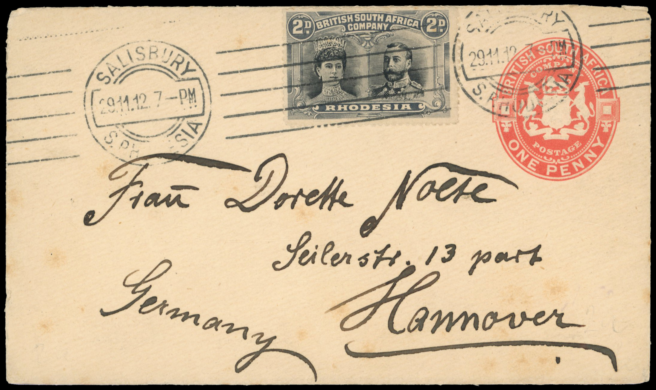 2d black and grey on 1d postal stationery envelope to Germany