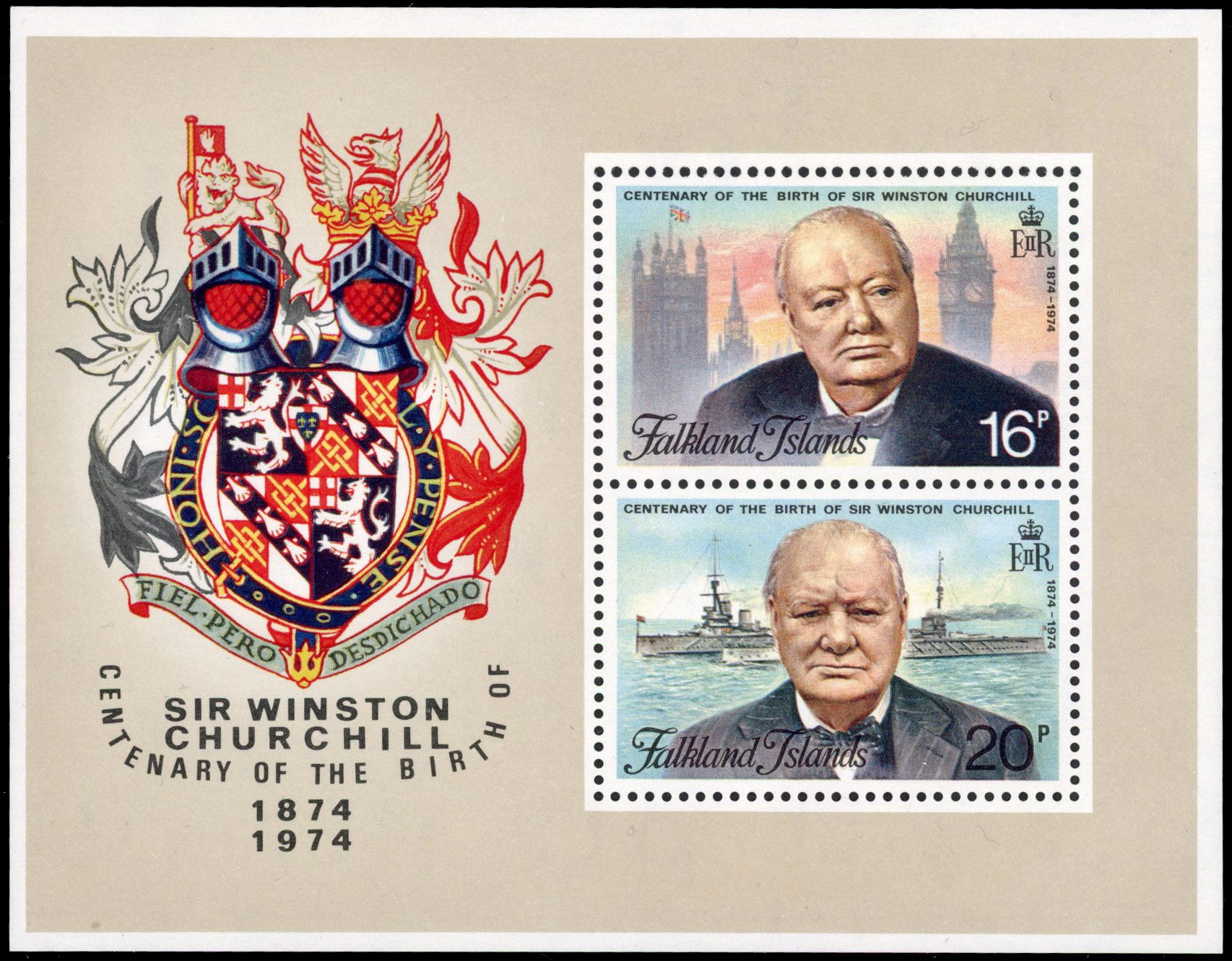 Falkland Islands 1974 Churchill Birth Centenary miniature sheet, unmounted mint o.g. variety ‘WATERMARK INVERTED’, fine. Also