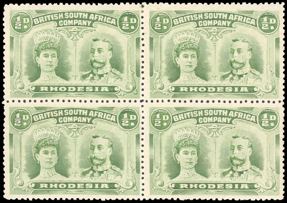 Rhodesia 1910-13 ½d pale green perf 13½ block of 4