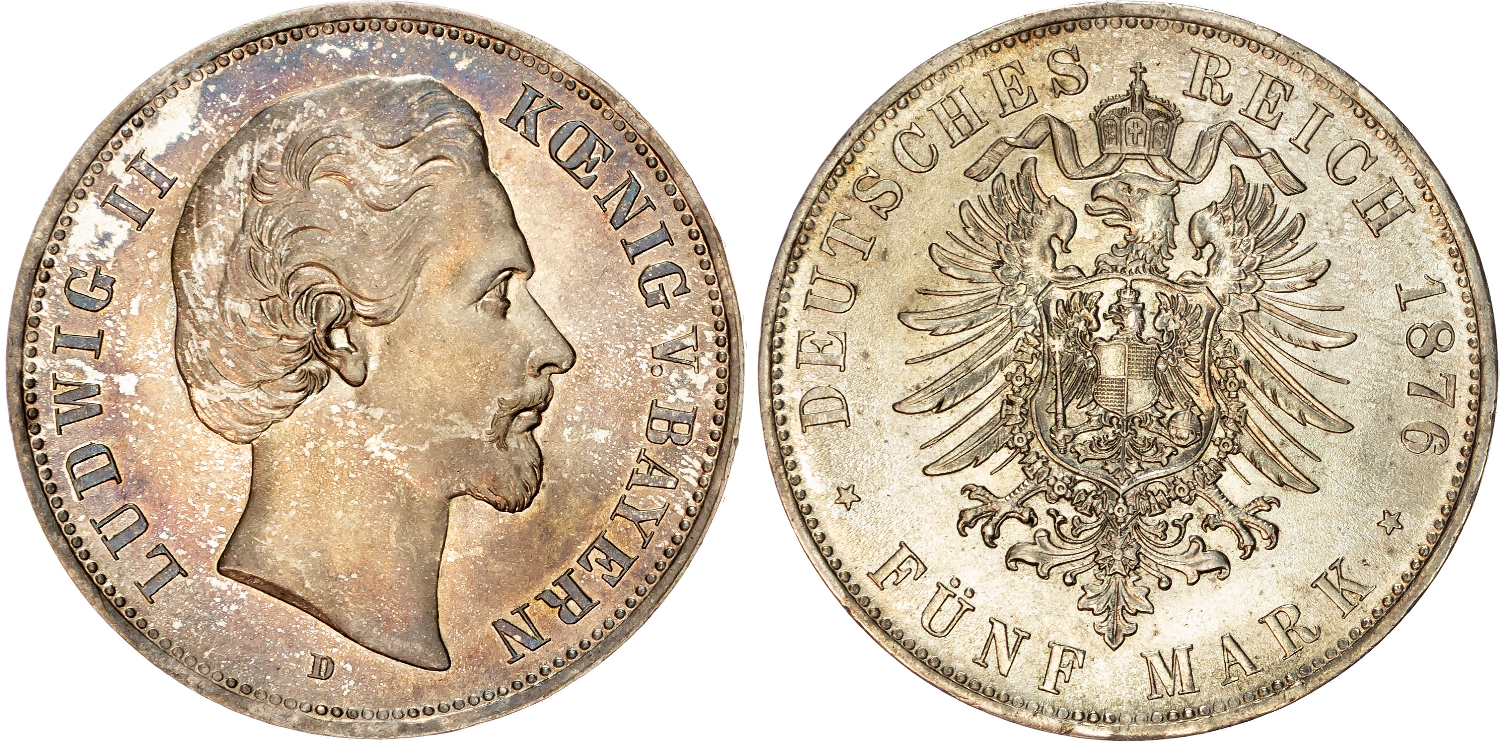 Germany, Bavaria, Ludwig II (1864-1886), silver 5 Mark, 1876 D