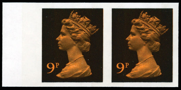 GB 1971 9p Yellow-orange and black (2 bands). Superb unmounted o.g left hand marginal horizontal pair o… SGX882var