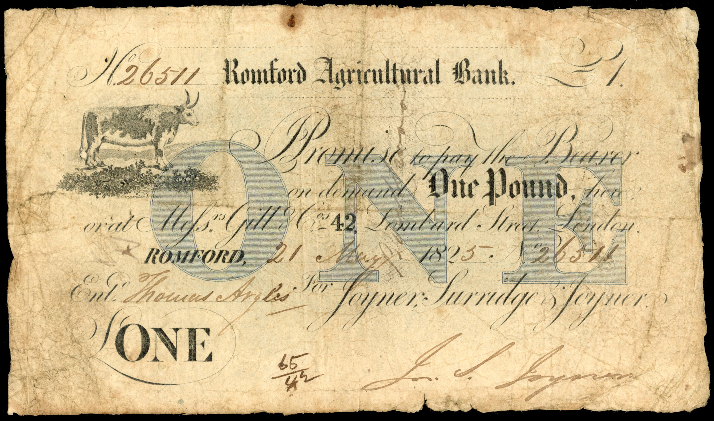 ROMFORD, Romford Agricultural Bank, for Joyner, Surridge and Joyner, £1.,21 May 1825, serial number 26511, blu…
