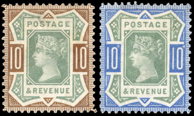 GB 1887-92 10d colour trials on white, Crown watermarked, line perf 14 paper, For SG 210