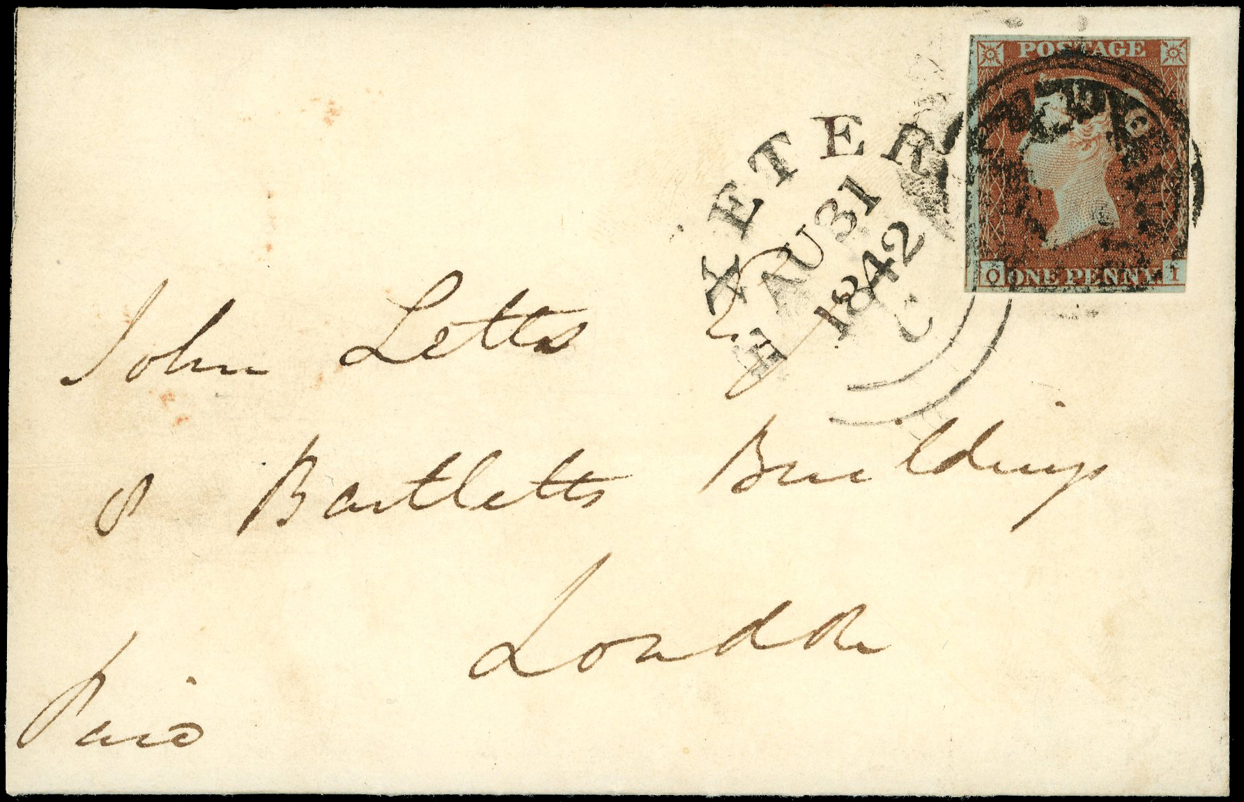 1841 1d Red-brown Pl.20 (OI).