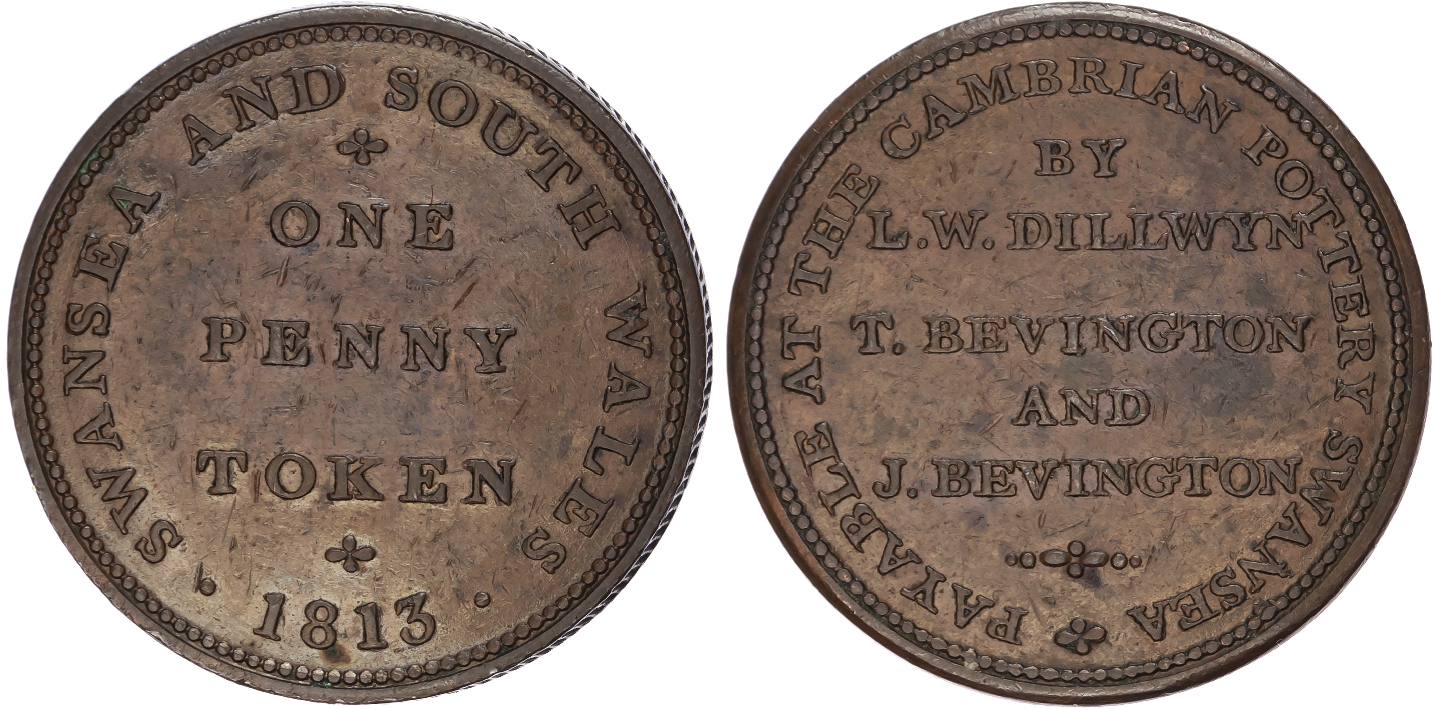 SWANSEA Glams. Dillwyn, Bevington & Bevington of the Cambrian Pottery Penny 1813, denom. rev. 5-line legend, 3…