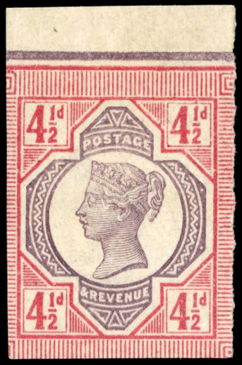 GB 1887-92 4½d imperforate colour trial, head plate in purple and duty plate in carmine, For SG 260