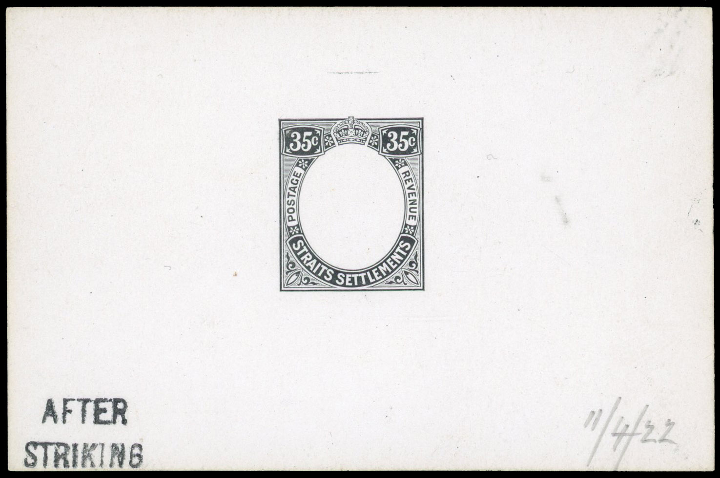 Straits Settlements 1922 35c frame die proof in black