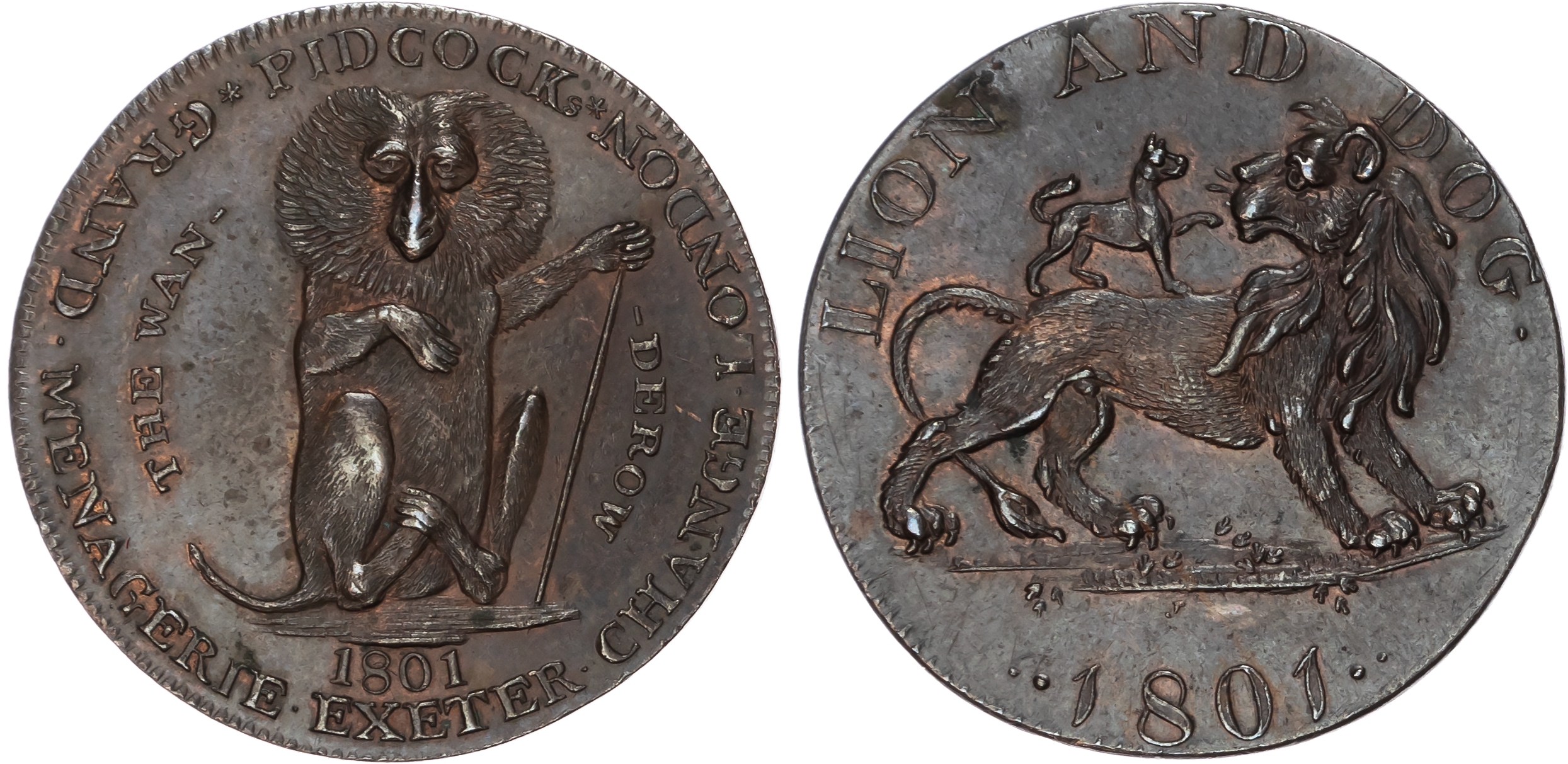 London , Strand, Gilbert Pidcock Halfpenny 1801, A lion standing right with a dog on its back, rev. a wanderow…