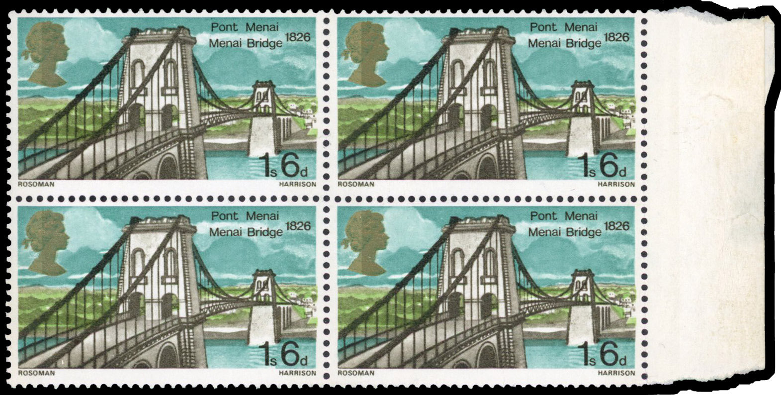 1968 British Bridges 1s6d, right marginal block of four, variety 'RED-ORANGE (ROOFTOPS) OMITTED'