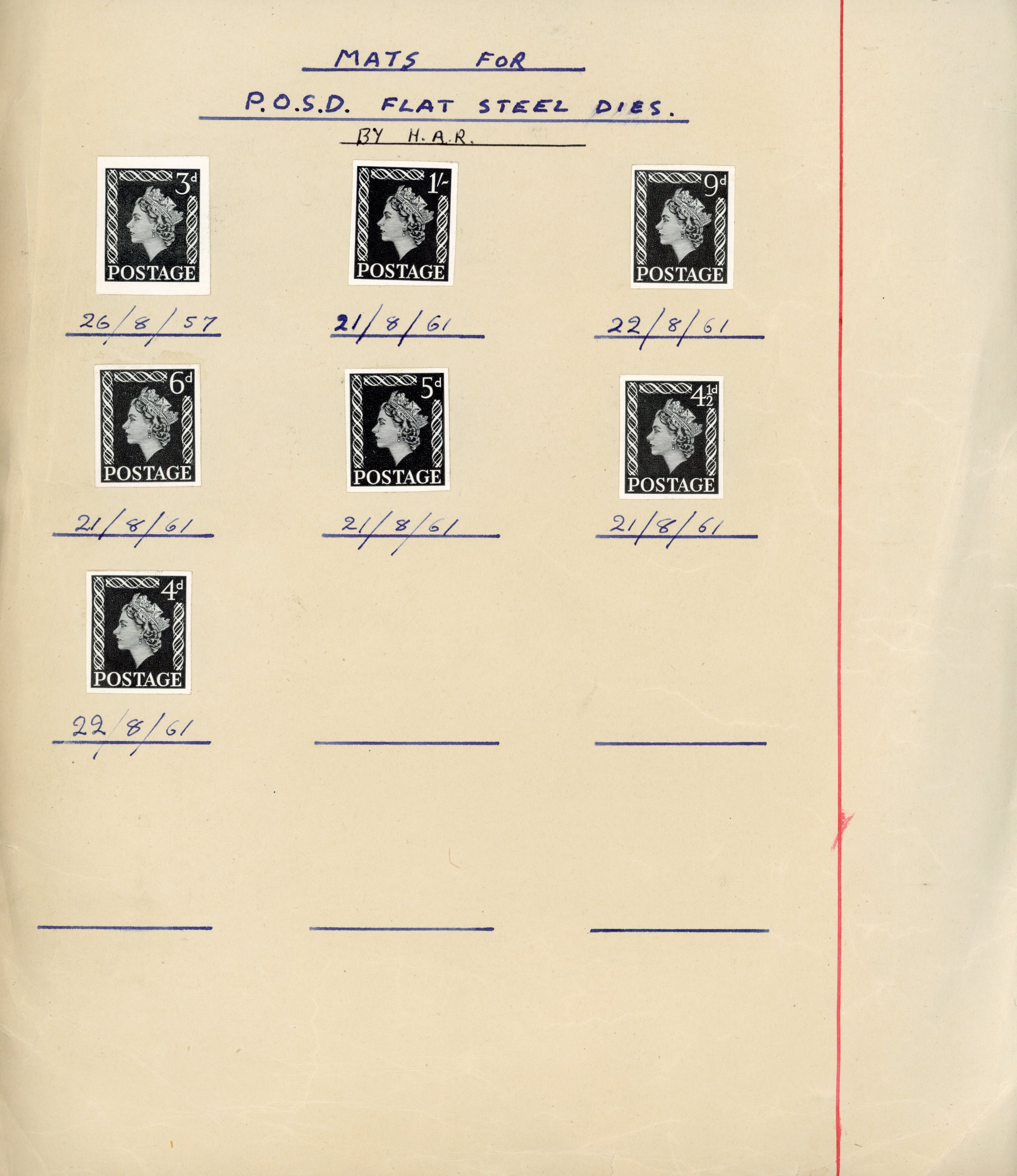 Postal stationery. 1957-61 die proofs affixed to RM sheet
