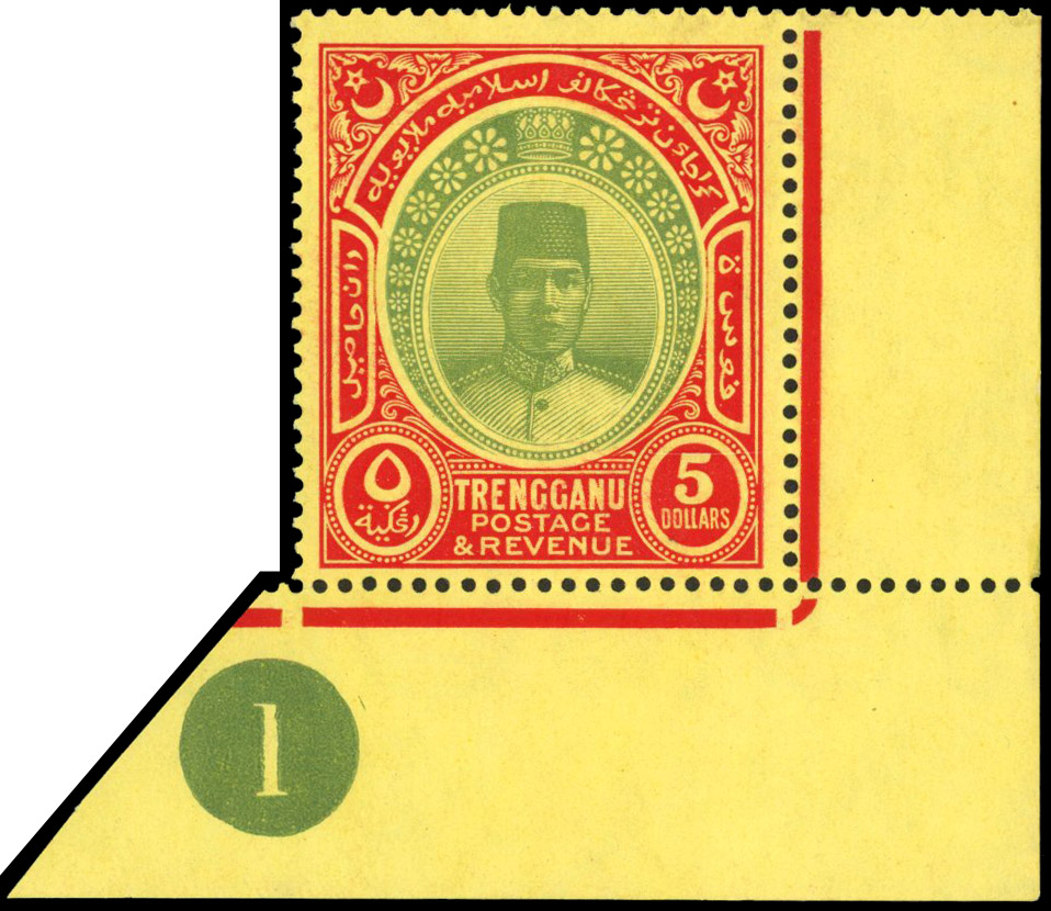 Trengganu 1921-41 $5 green and red/yellow Script watermark