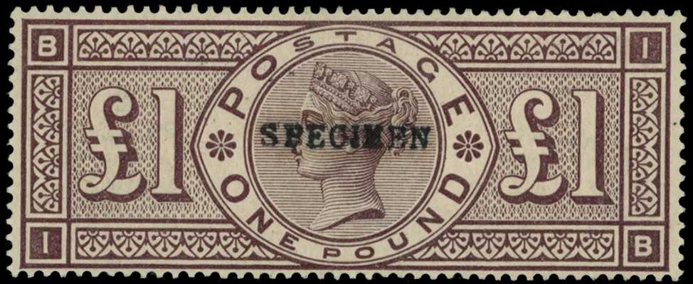 1884 Wmk Three Imperial Crowns £1 brown-lilac (IB), optd ''SPECIMEN'', type 9, large part o.g., fine. SG 185s; Spec....