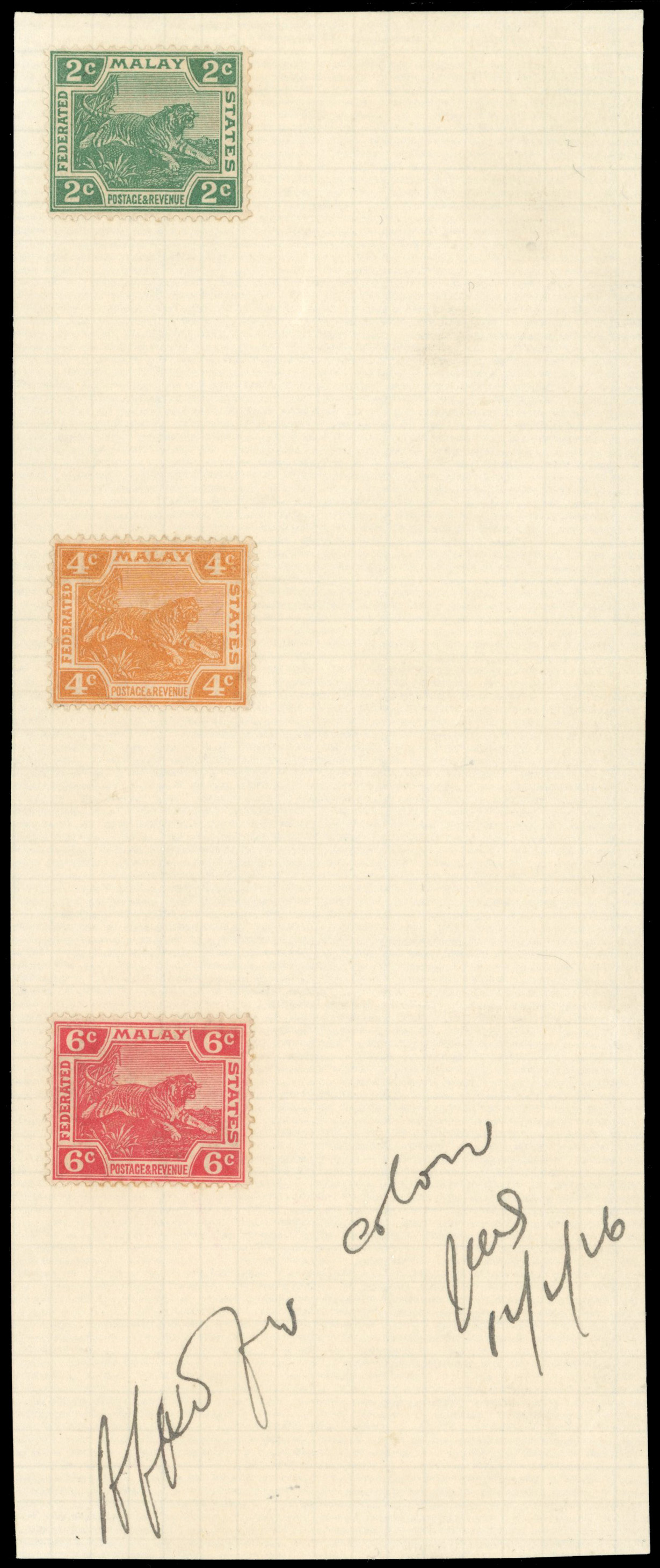 Malaya FMS leaping Tiger 2c 4c 6c COLOUR TRIALS ex DLR archive