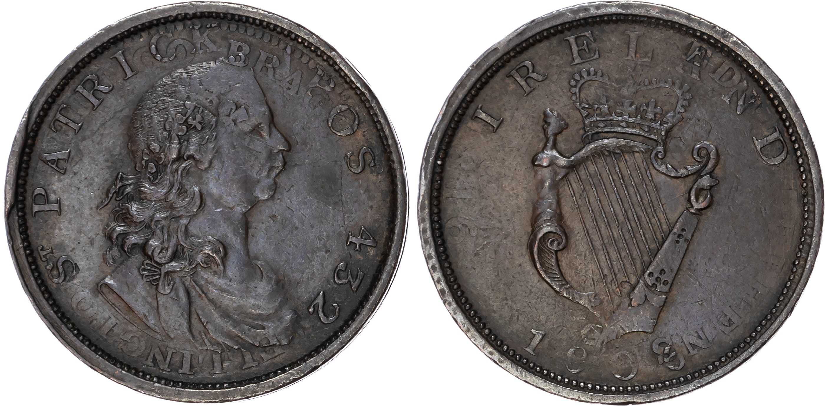IRISH, NON LOCAL General Circulation Penny 1806, Laureate (shamrock), draped bust right of George III – St. Pa…