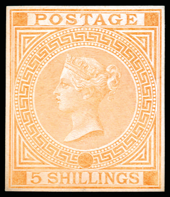 Great Britain 1867 5s Die proof. Very fine example printed in yellow on white glazed card and cut to stamp size, p…