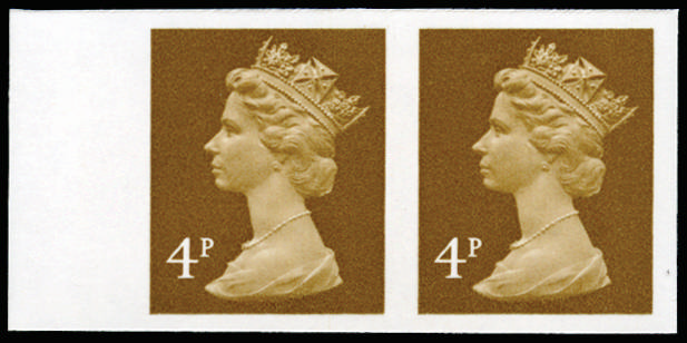 GB 1971 4p Ochre-brown (2 bands). Superb unmounted o.g left hand marginal horizontal pair of imperforat… SGX861var