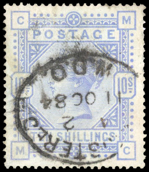 1884 10s Cobalt on blued paper (SG177a). 