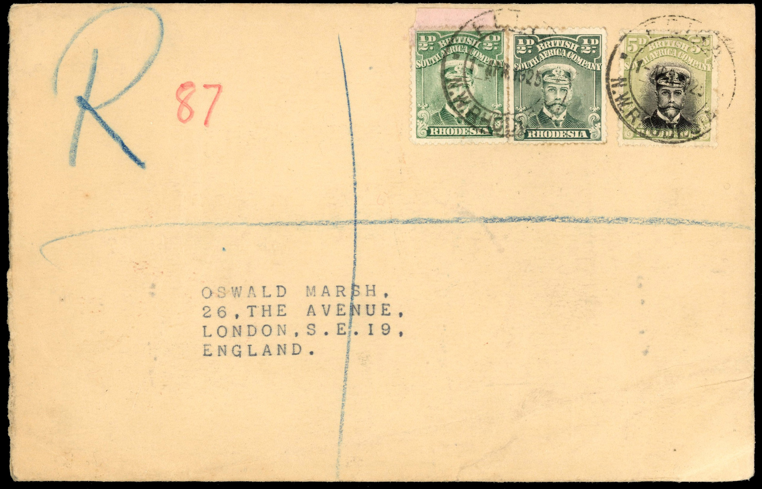 Rhodesia 1925 registered Oswald Marsh envelope bearing Admiral ½d (2) and 5d