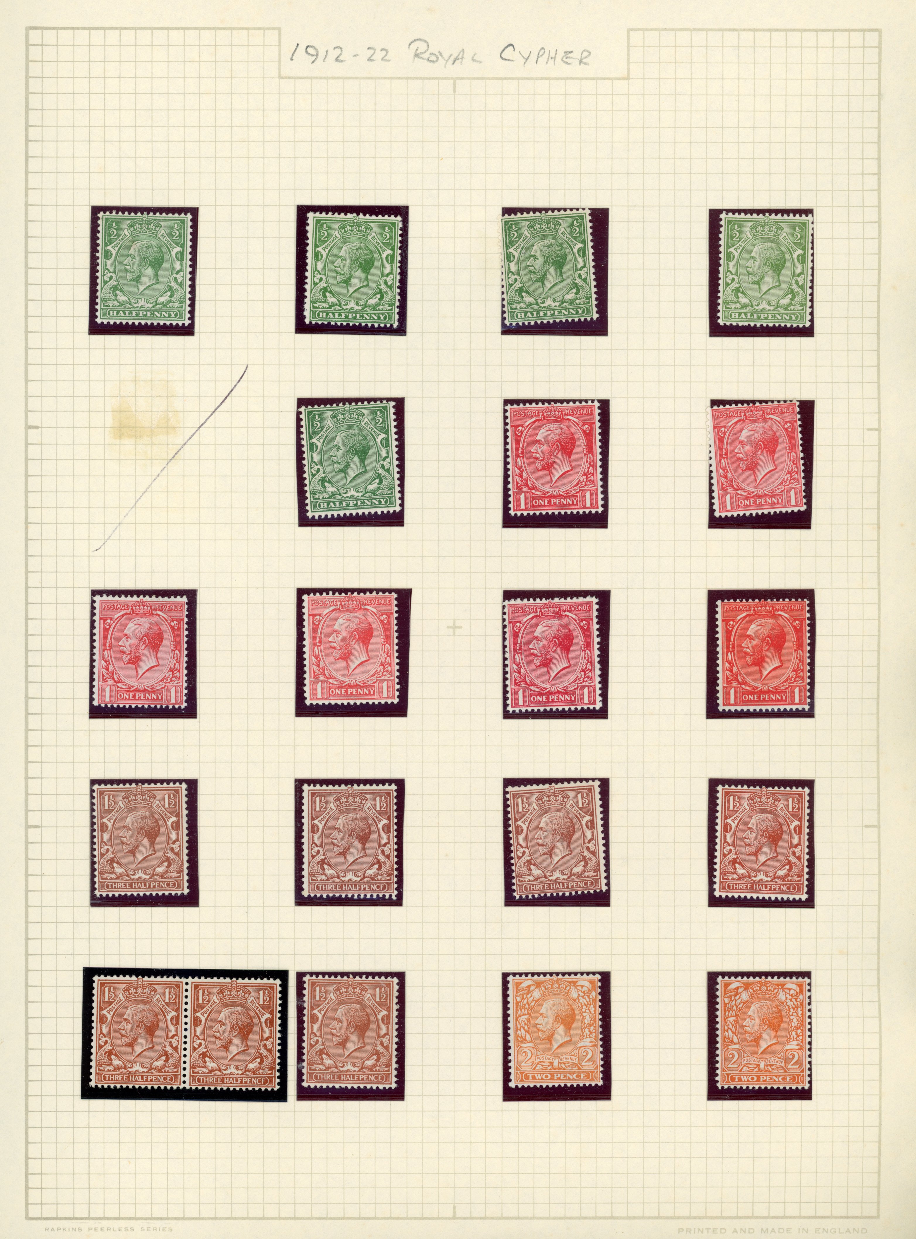 GB 1912-26 Profile head mint selection arranged on album leaves including all watermark types and good selection of shades