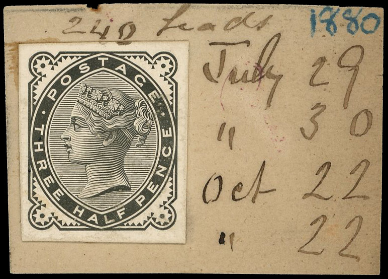 1880 1½d Venetian red. Very fine striking book piece printed in black on white glazed card, mounted on piece of original…