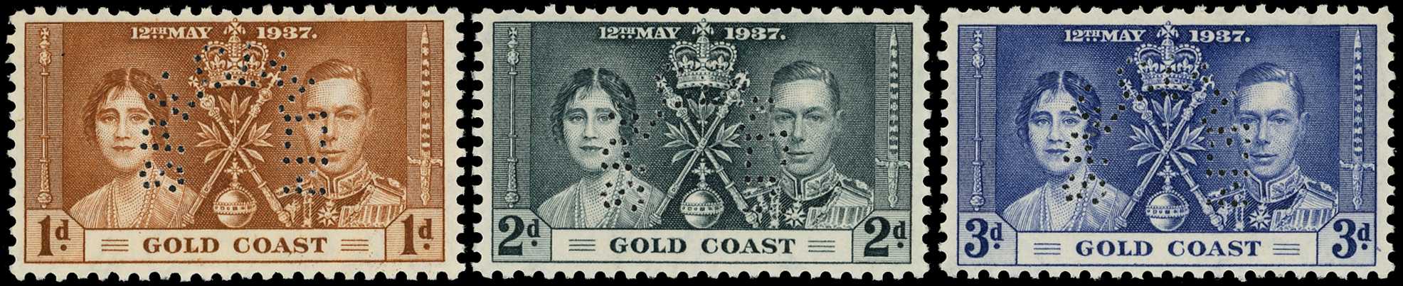 1937 Coronation set perforated SPECIMEN Type B9, fine o.g., perfs a little uneven as often.  SG 117s-119s,...