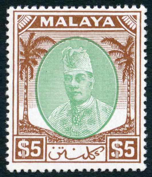 Kelantan. 1953 $5 green and sepia, large part o.g. SG 81a, cat...