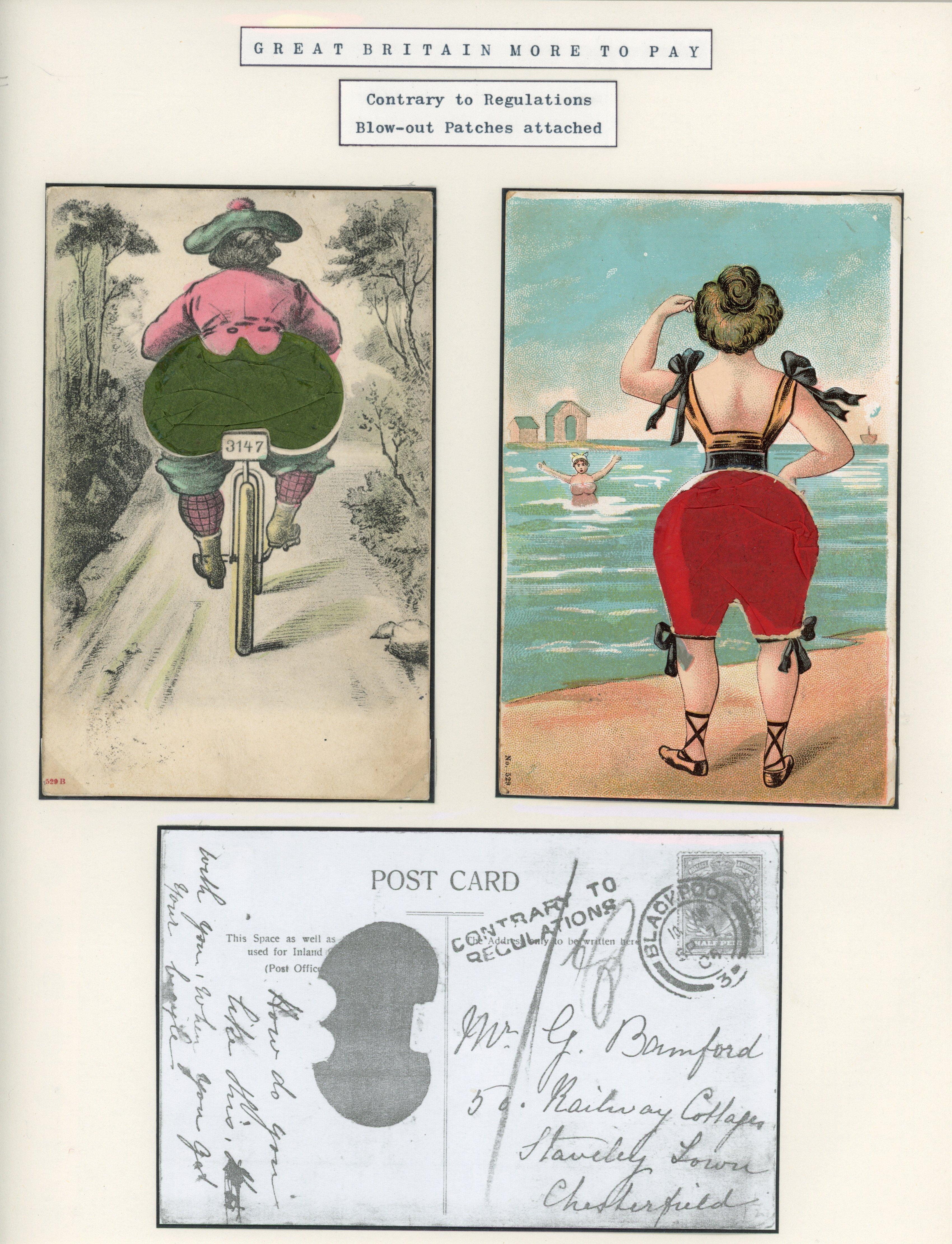 Great Britain 1905 pair of novelty postcards with blow out patches