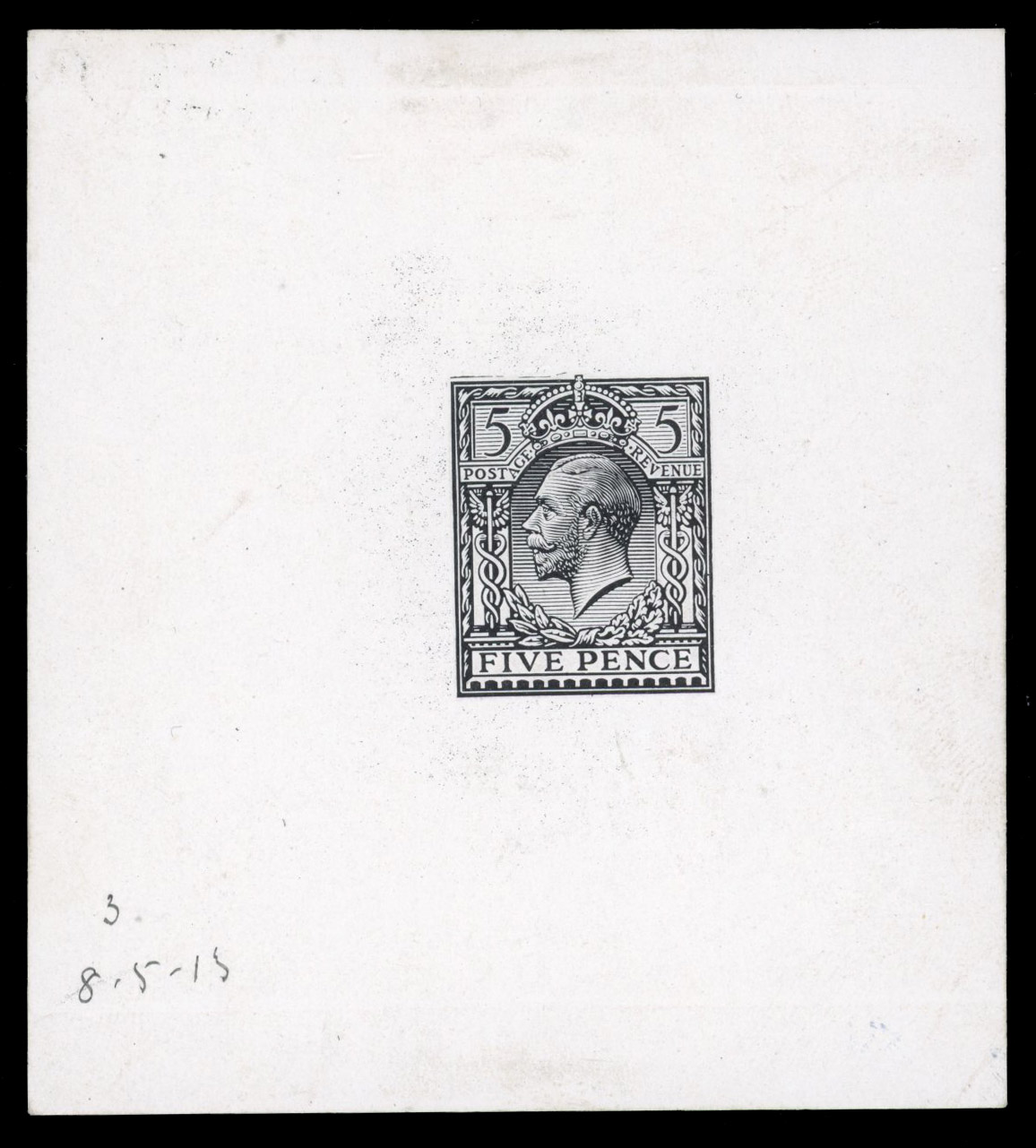 GB 1912-24 5d die proof in black on white glazed card, SG 381var