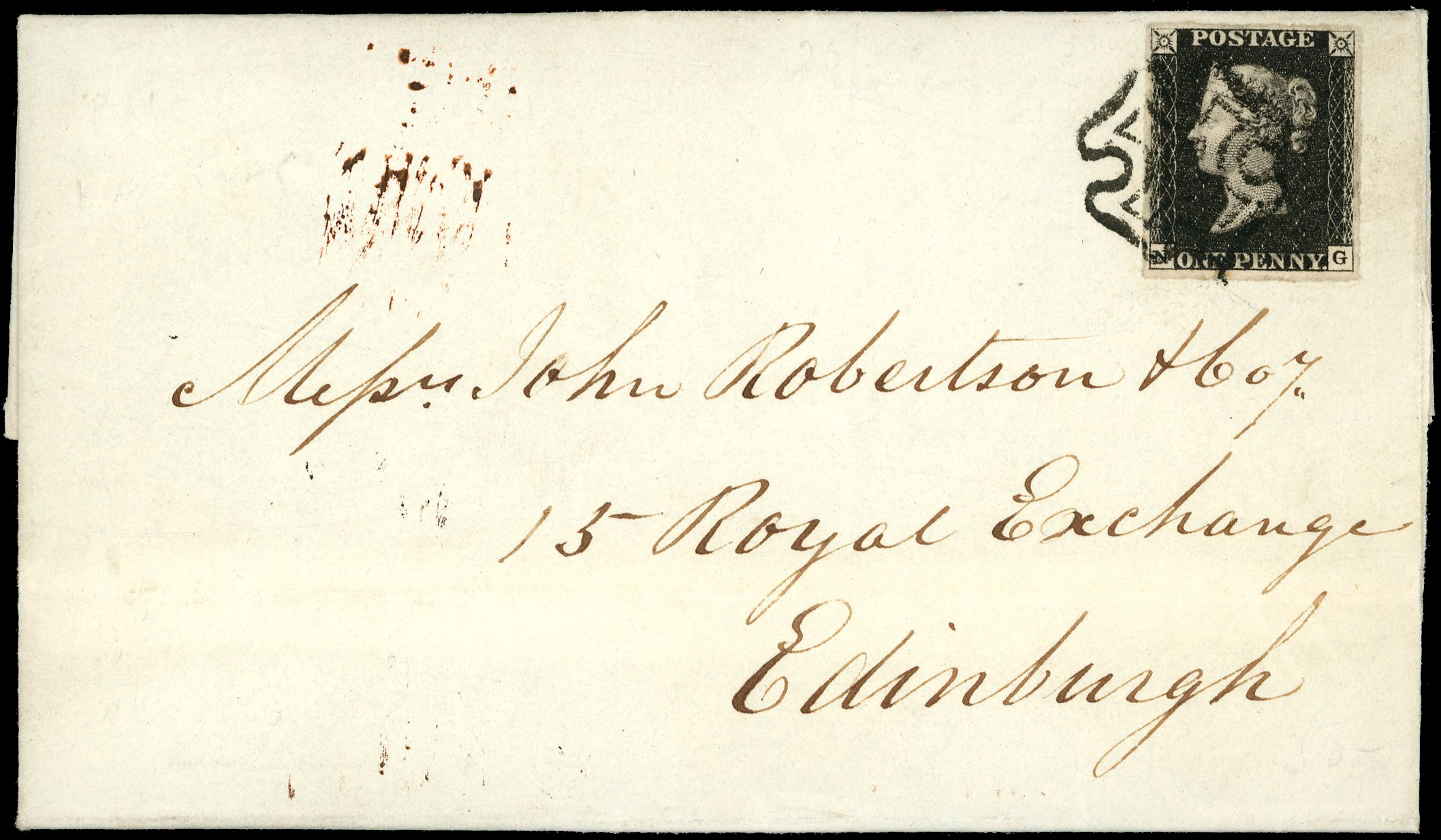 1840 1d black. plate 6 (NG), four good margins, neatly tied to entire to Edinburgh by a black Maltese Cross