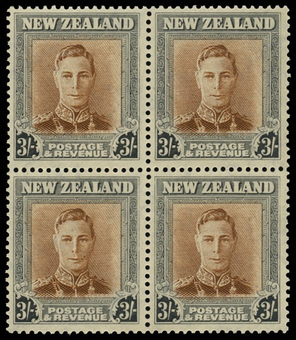 1947 3/- red-brown and grey block of four...