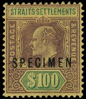 1903 $100 purple and green on yellow paper overprinted SPECIMEN Type D12, o.g. with some hinge remainder.  SG 122s,...