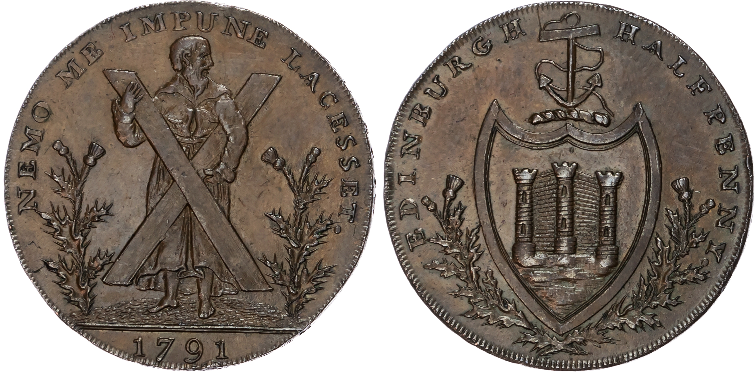 Loth. Edinburgh, Thomas and Alexander Hutchison Halfpenny 1791, St. Andrew holding cross, thistle either side,…