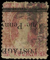 1879 1d on 6d rose with surcharge inverted, used with smudged cancel, defective but a rare stamp, the sole example in the...