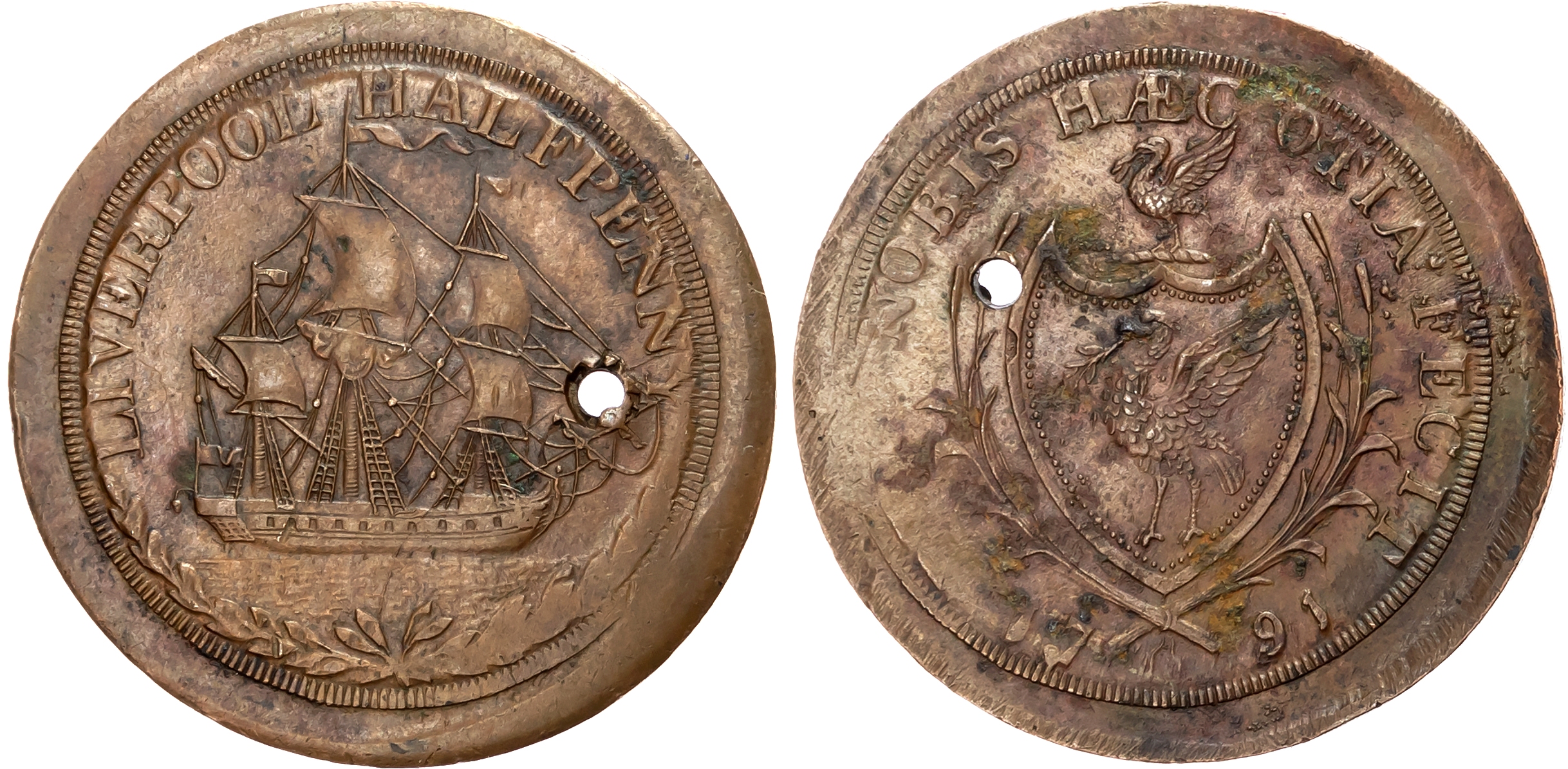 Lancs. Liverpool, Thomas Clarke (grocer) Penny (halfpenny struck on penny flan) 1791, Tall ship sailing right, rev. Live …