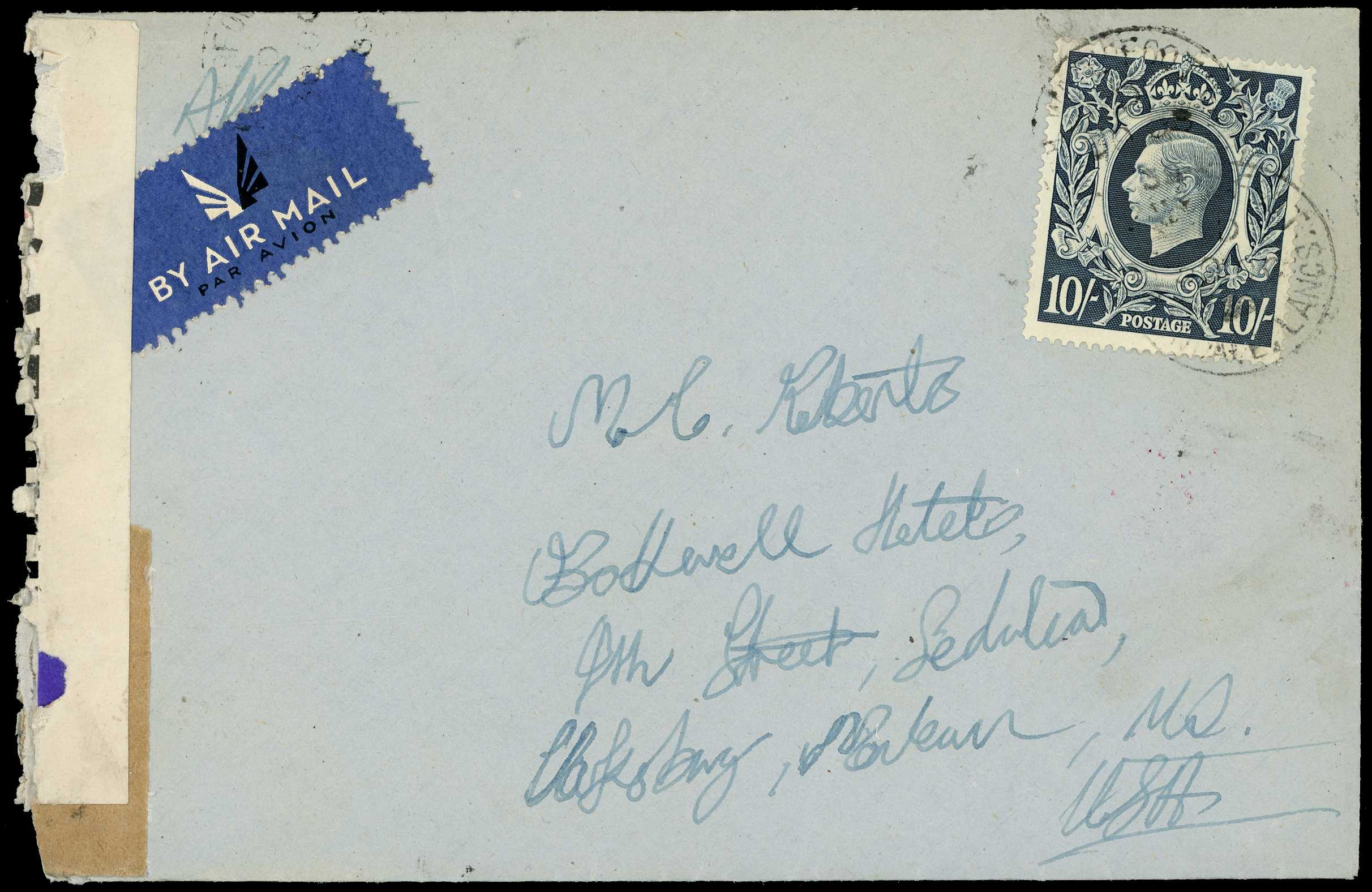 1939 10s dark blue tied to airmail cover to...