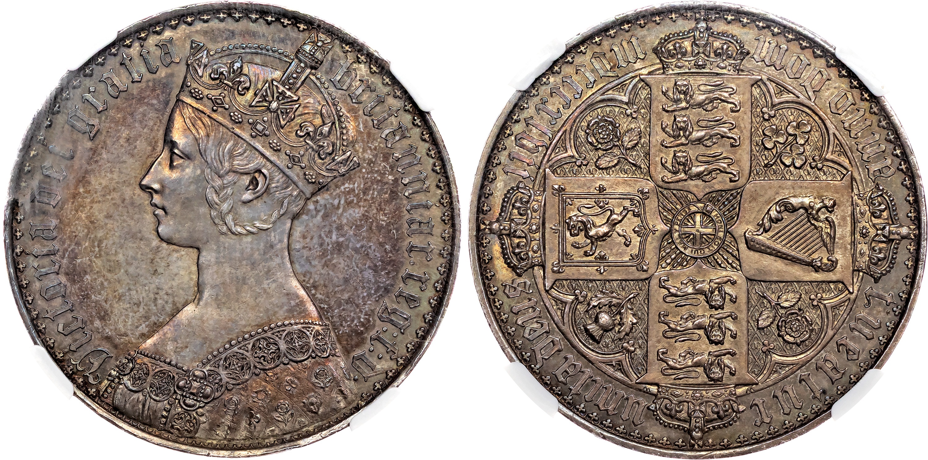 Victoria (1837-1901), AR Proof 'Gothic' Crown, 1847 mdcccxlvii UNDECIMO. NGC PF63