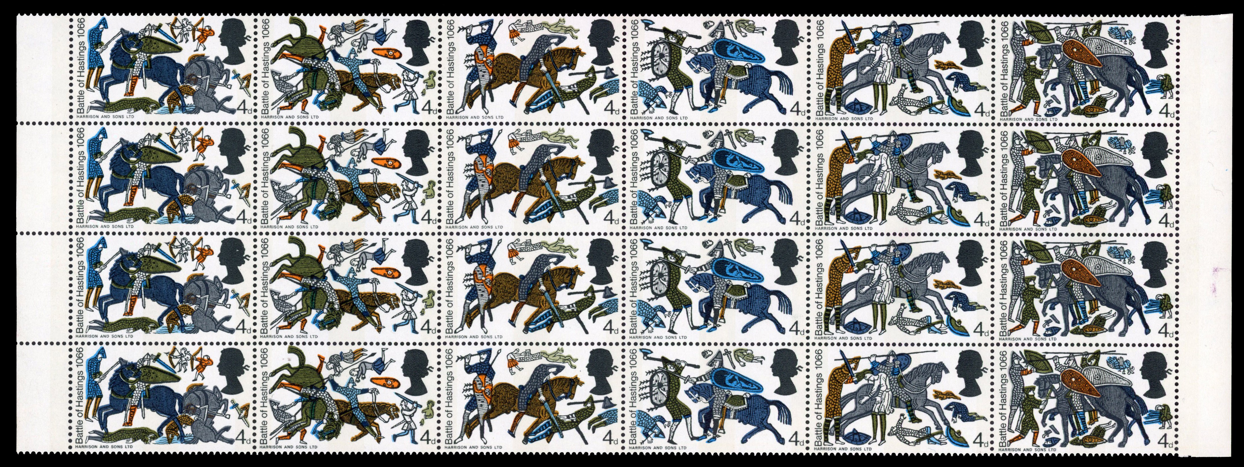 GB: 1966 4d Hastings, phosphor, block of 24 (6x4) rows 11 to 14 of the sheet, magenta and green omitted unm