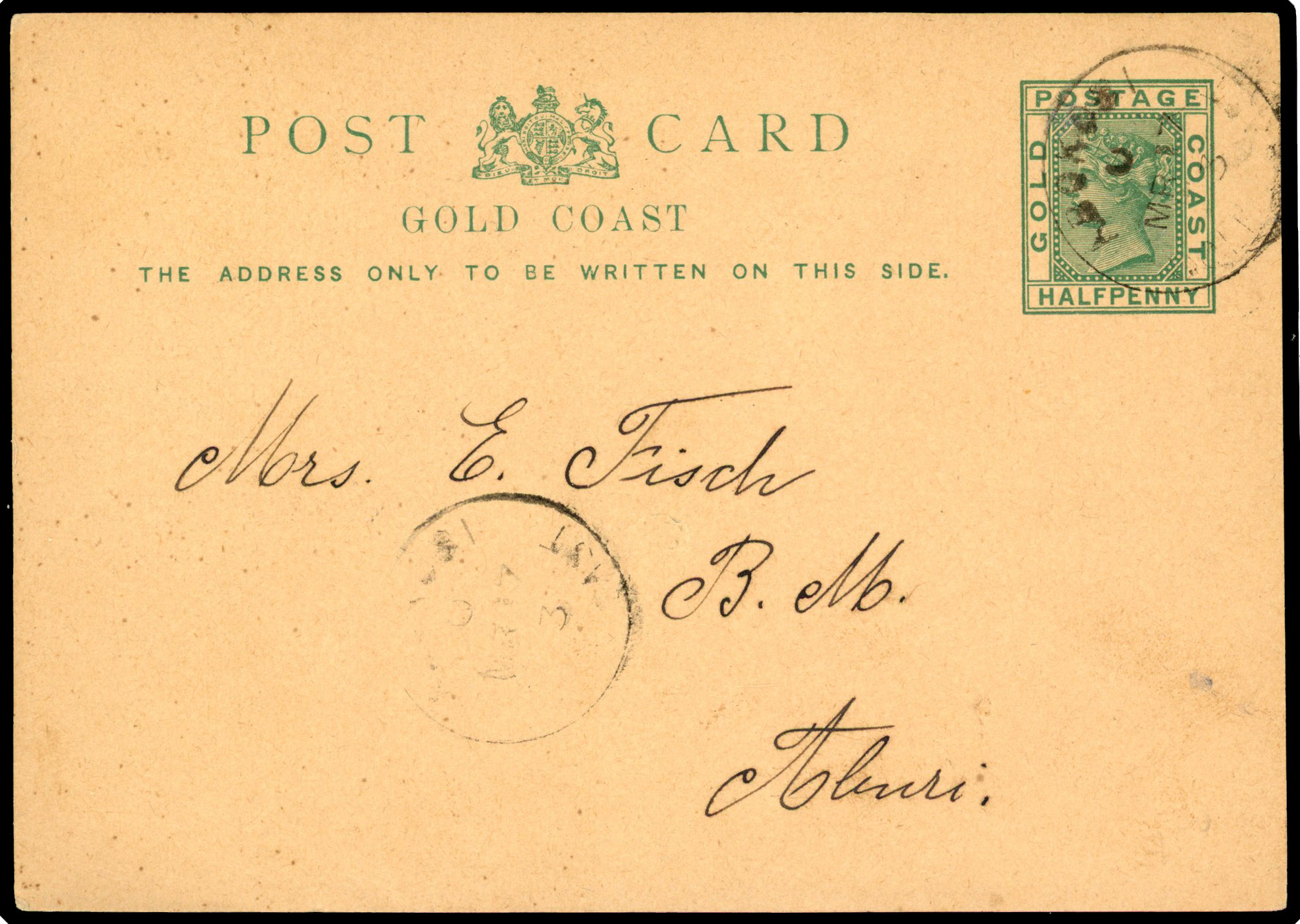 1903 ½d stationery postcard to Aburi cancelled rare ‘ABOKOSI/MR 17 03’ cds. ADDED TO R2000893/44 